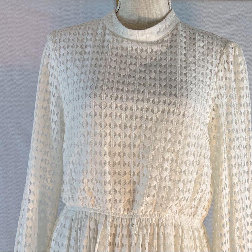 Mustard Seed Dress White Lace Tiered Hemline Shear Long Sleeves High Neck M👍 - Picture 9 of 9